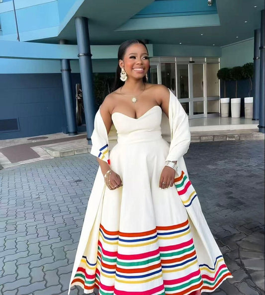 Elegant Rainbow Striped Strapless Maxi Dress with Matching Cape