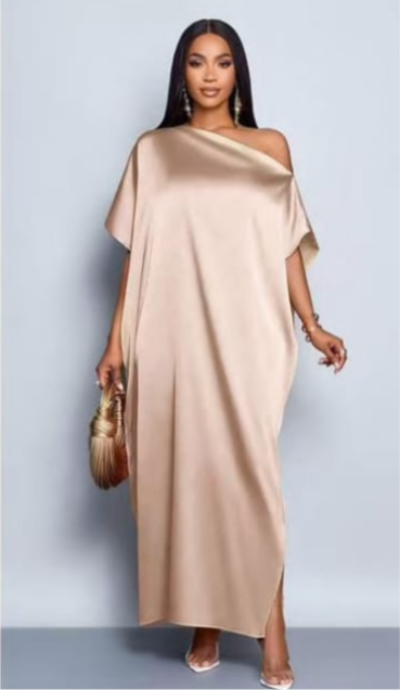 Off-Shoulder Silk Maxi Dress with Side Slit - Elegant Evening Wear