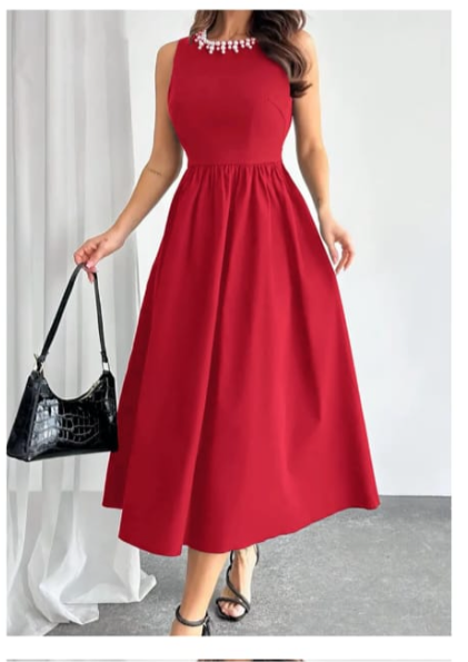 Long Flare Dress with White Pearl Neckline