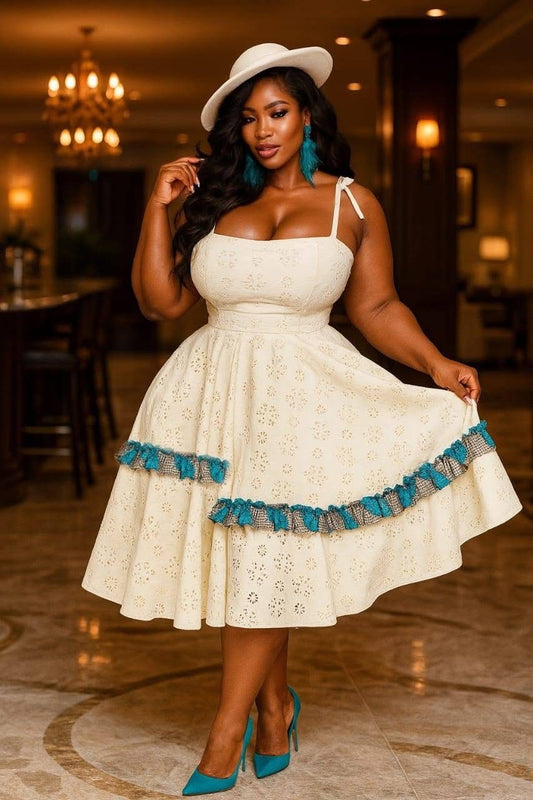 Elegant Eyelet Midi Dress with African Print Trim