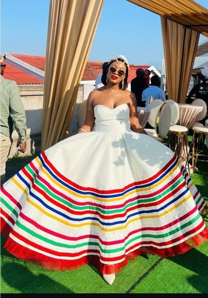 Elegant Rainbow Striped Strapless Maxi Dress with Matching Cape