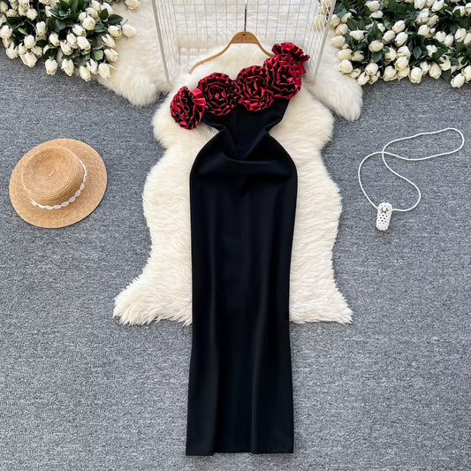 One Shoulder Black Bodycon Maxi Dress with 3D Floral Detail