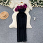 One Shoulder Black Bodycon Maxi Dress with 3D Floral Detail