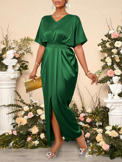 Silk Satin V-Neck Dress with Figure Belt & Front Slit
