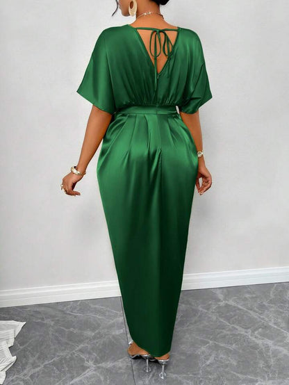 Silk Satin V-Neck Dress with Figure Belt & Front Slit