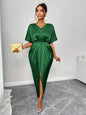 Silk Satin V-Neck Dress with Figure Belt & Front Slit