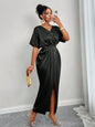 Silk Satin V-Neck Dress with Figure Belt & Front Slit