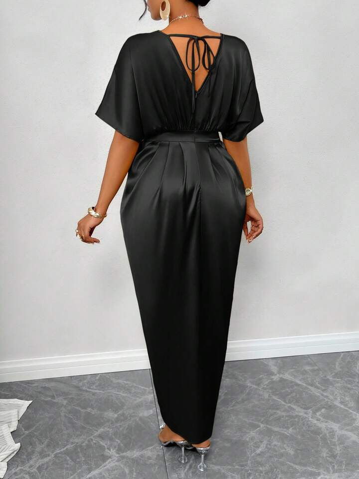 Silk Satin V-Neck Dress with Figure Belt & Front Slit