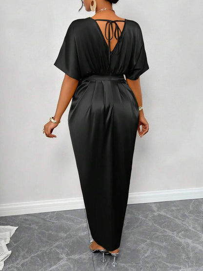 Silk Satin V-Neck Dress with Figure Belt & Front Slit