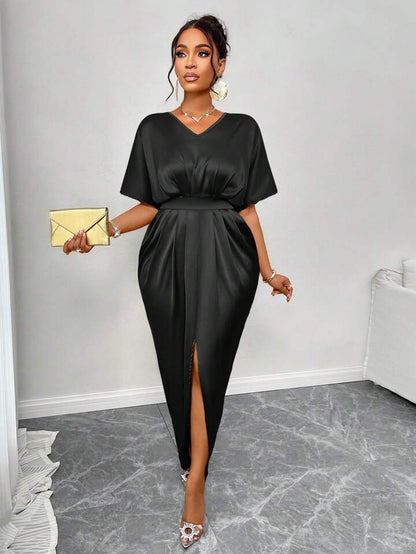 Silk Satin V-Neck Dress with Figure Belt & Front Slit