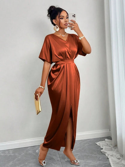 Silk Satin V-Neck Dress with Figure Belt & Front Slit