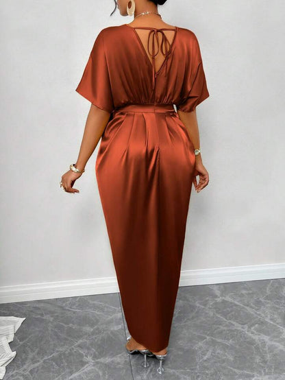 Silk Satin V-Neck Dress with Figure Belt & Front Slit