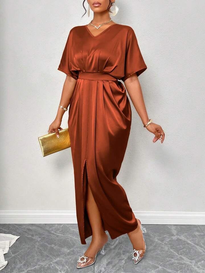Silk Satin V-Neck Dress with Figure Belt & Front Slit