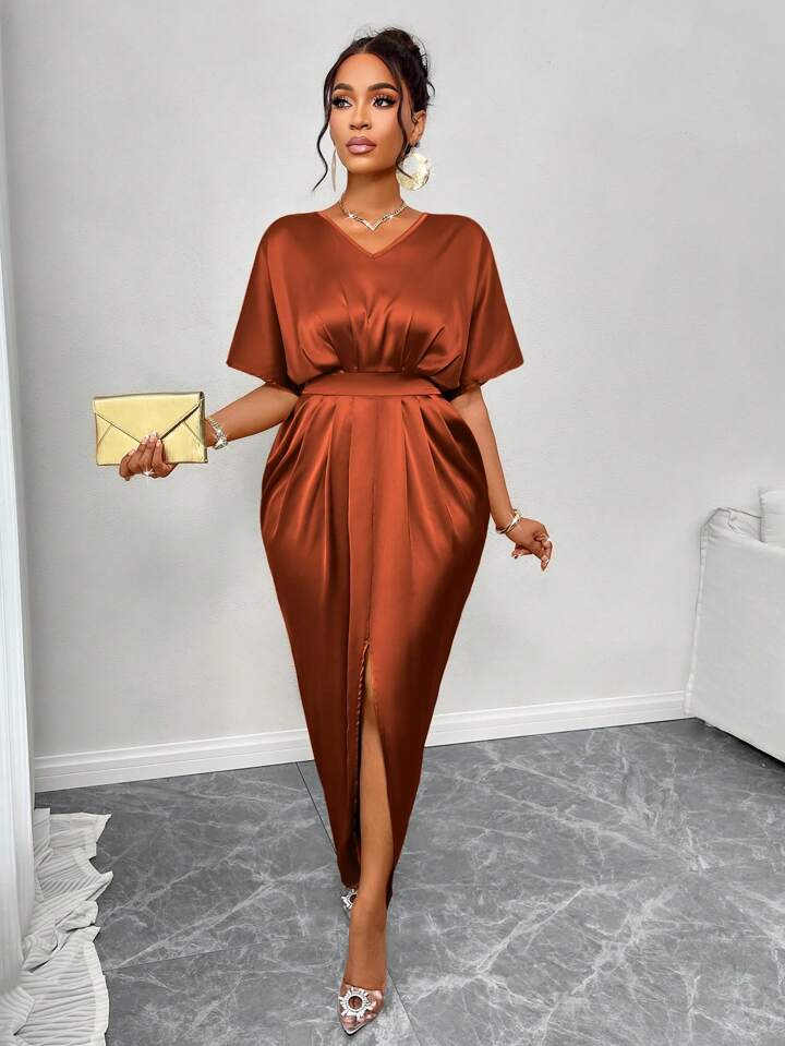 Silk Satin V-Neck Dress with Figure Belt & Front Slit