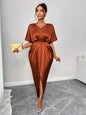 Silk Satin V-Neck Dress with Figure Belt & Front Slit