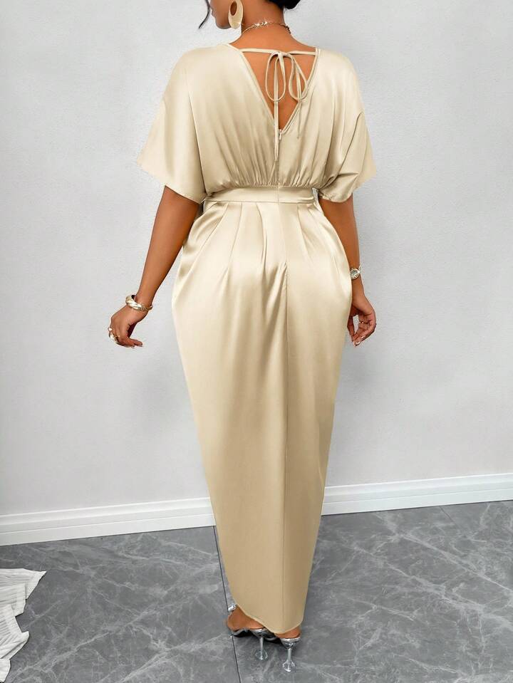 Silk Satin V-Neck Dress with Figure Belt & Front Slit