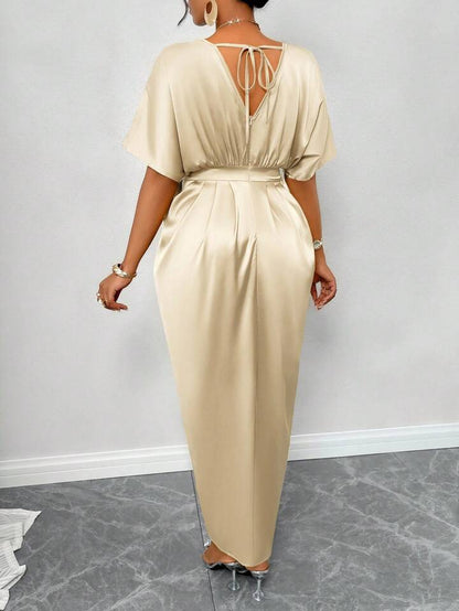 Silk Satin V-Neck Dress with Figure Belt & Front Slit