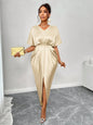 Silk Satin V-Neck Dress with Figure Belt & Front Slit