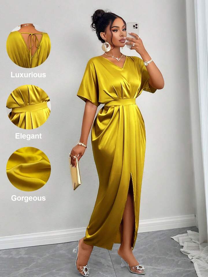 Silk Satin V-Neck Dress with Figure Belt & Front Slit