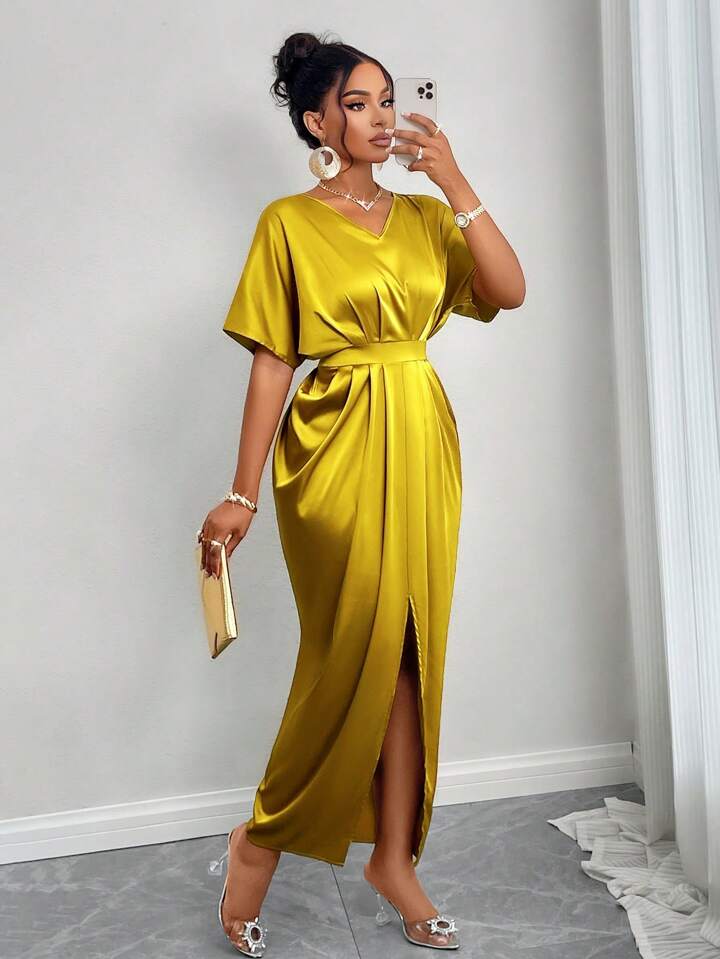 Silk Satin V-Neck Dress with Figure Belt & Front Slit