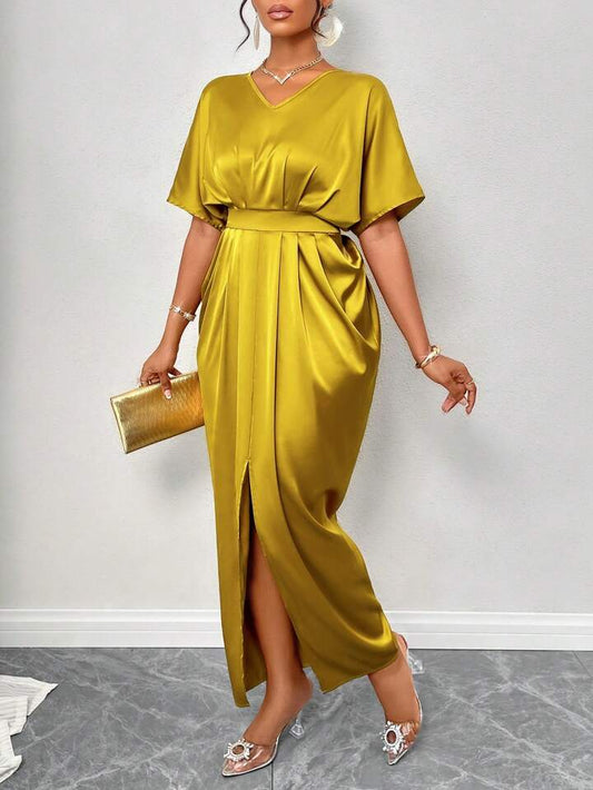 Silk Satin V-Neck Dress with Figure Belt & Front Slit