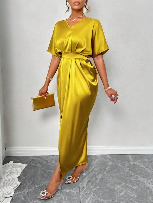 Silk Satin V-Neck Dress with Figure Belt & Front Slit