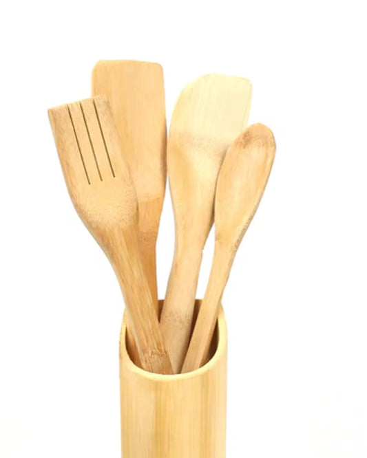 4-Piece Bamboo Wooden Cooking Utensils Set with Holder