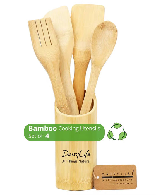 4-Piece Bamboo Wooden Cooking Utensils Set with Holder