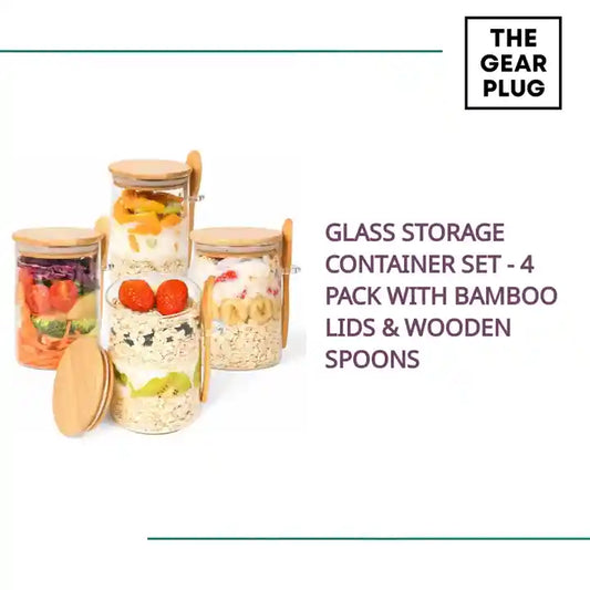 Glass Storage Container Set - 4 Pack with Bamboo Lids &amp; Wooden Spoons by@Outfy